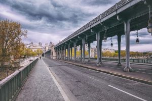 Walkway and bike lane underneath the Bir Hakeim Bridge in Paris, France